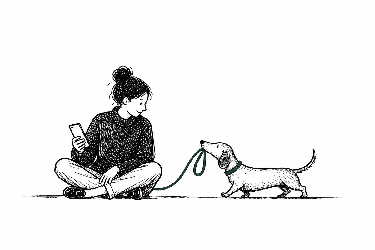 A dog bringing its leash to its owner, who is holding a phone