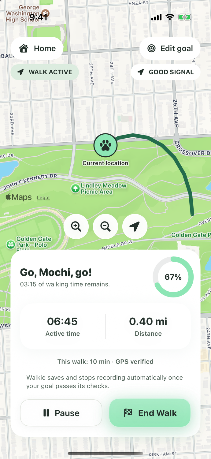 Walkie active walk screen showing a GPS route, active walking time, and tracked distance