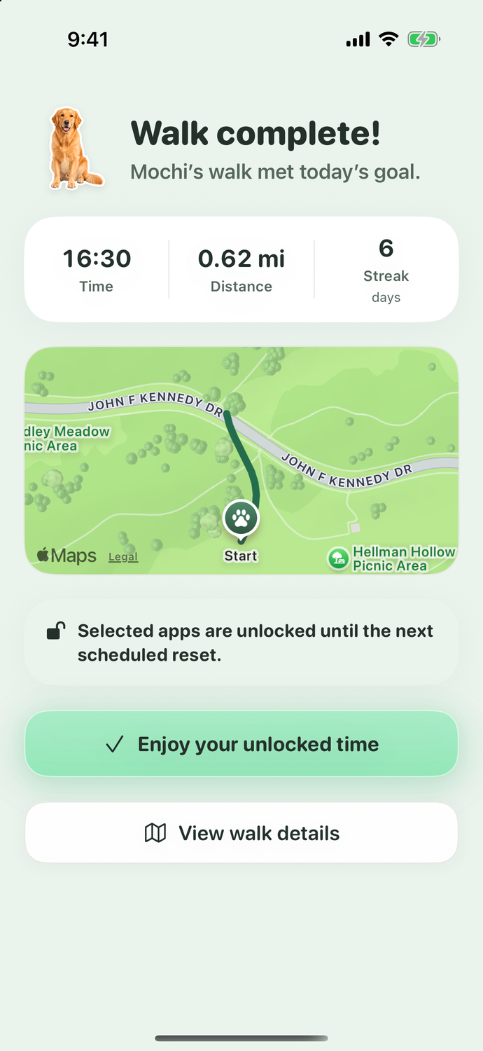 Walkie completion screen showing the golden-retriever sticker, an earned unlock, and walk summary