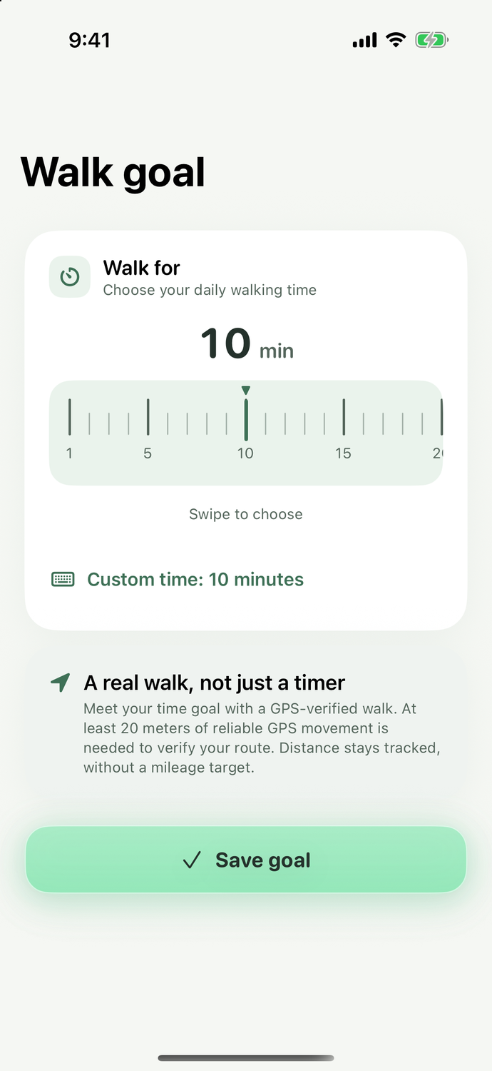 Walkie walking-time settings with a horizontal minutes ruler and custom time control
