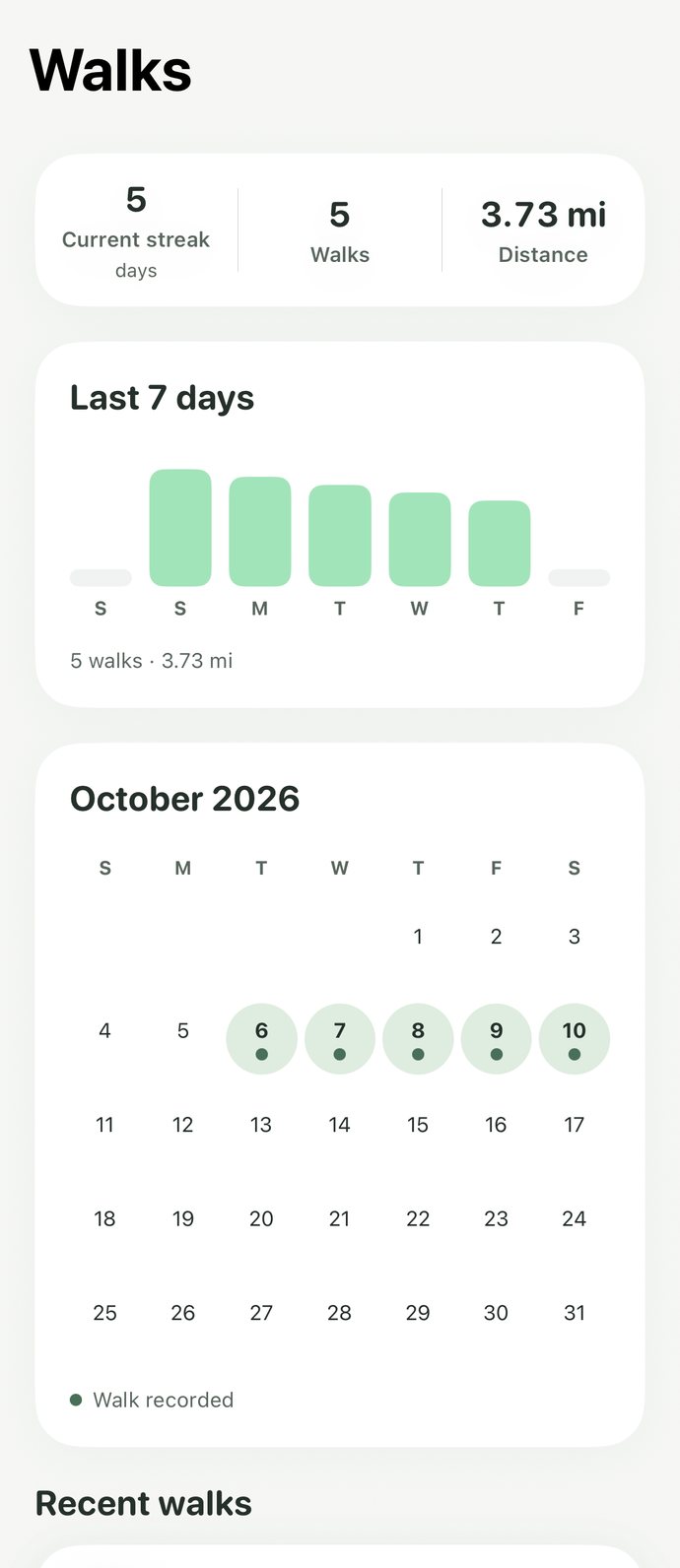 Walkie history showing walk totals, the last seven days, a monthly calendar, and recent walks