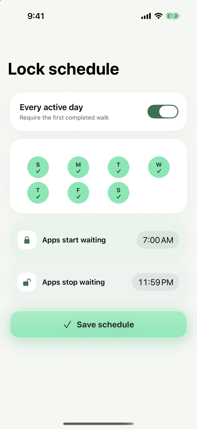 Walkie schedule settings showing active weekdays and the times apps start and stop waiting