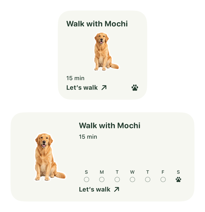 Walkie Home Screen widgets showing the dog sticker, walking goal, and recent walking days