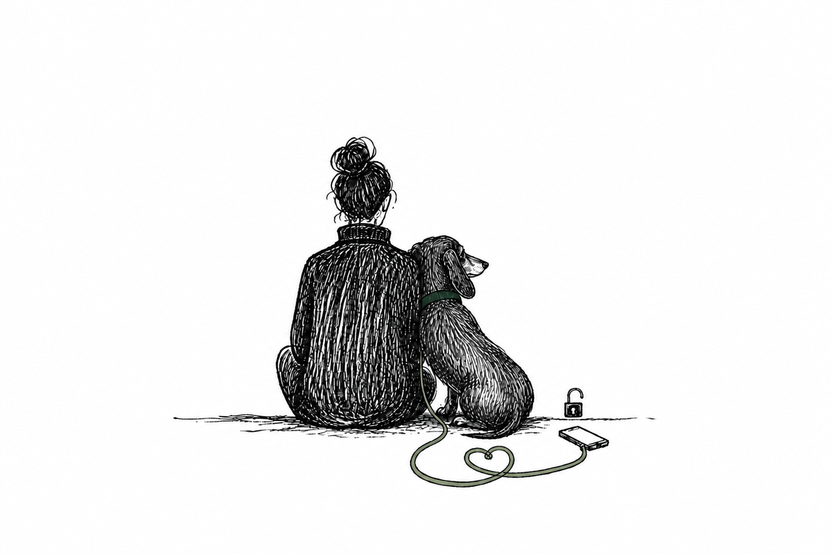 A person and dog sitting together while a phone rests nearby